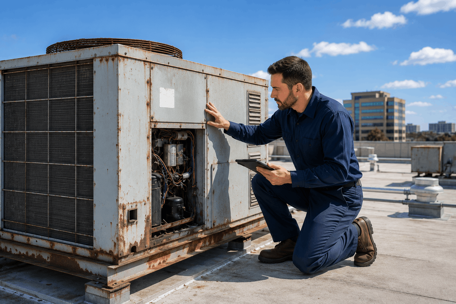 Aging commercial rooftop unit replacement inspection