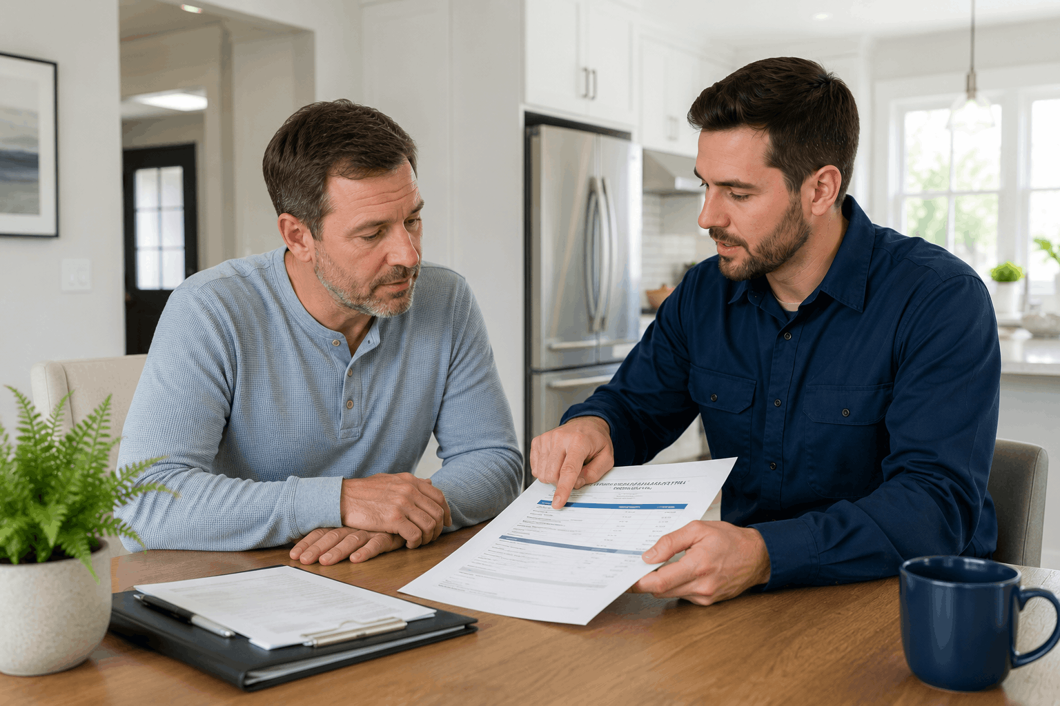Homeowner reviewing HVAC installation quote with technician