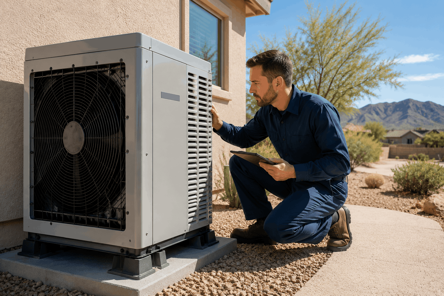 Technician inspecting low ambient cooling system outdoors