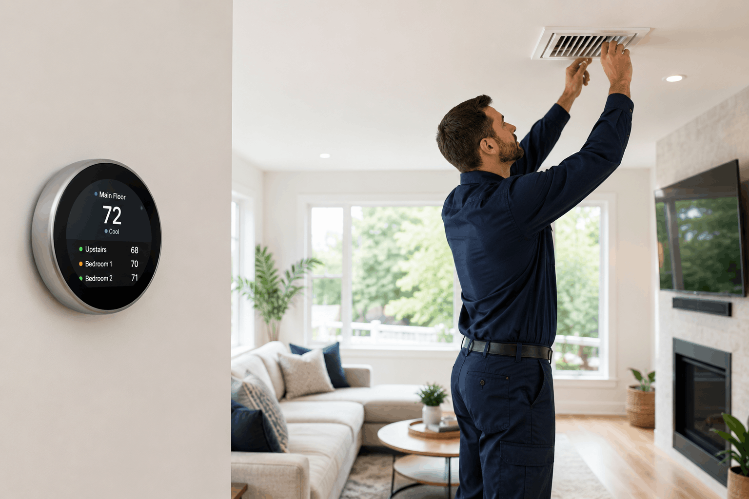 Smart thermostat controlling room-by-room temperature zones