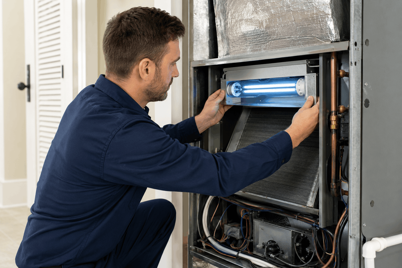 HVAC technician installing or inspecting an indoor unit with a blue UV light purifier exposed inside the metal cabinet.