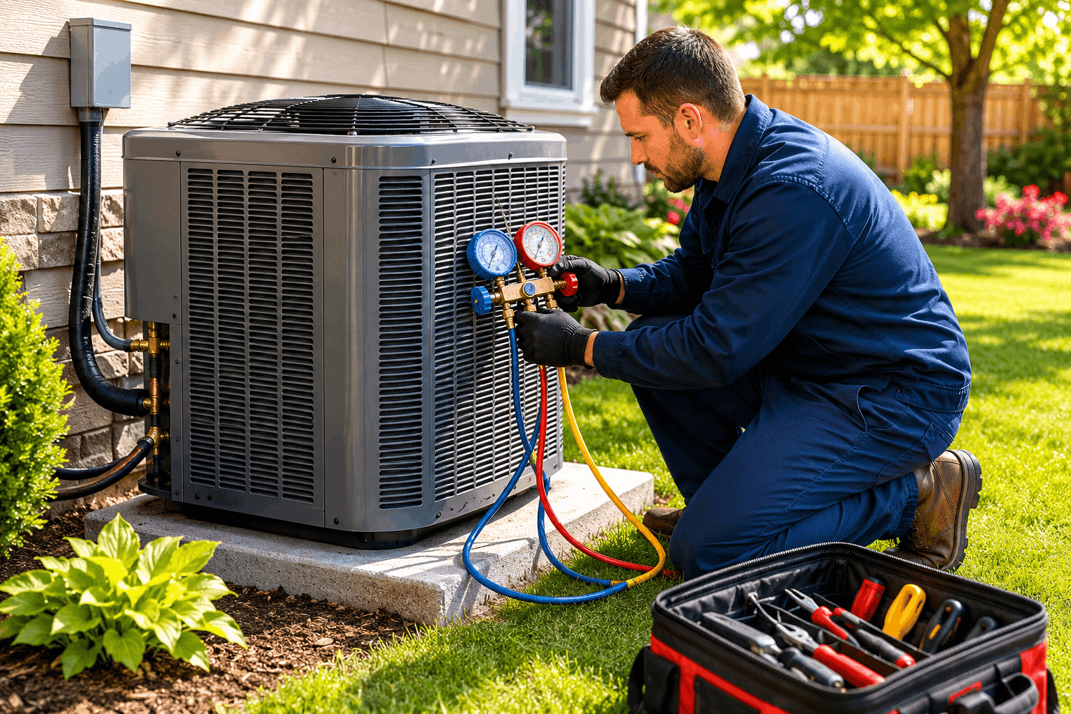 Technician inspecting AC unit for air conditioner runs all day but never cools house issue