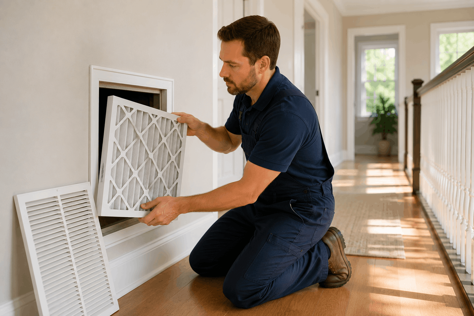 HVAC technician replacing filter for allergy symptoms worse with new HVAC filter concerns