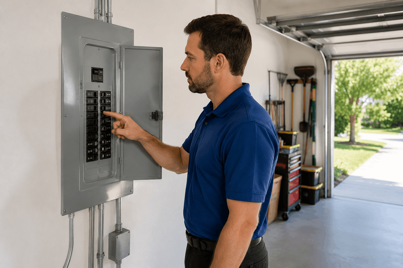 Technician checking electrical panel when circuit breaker trips when AC turns on