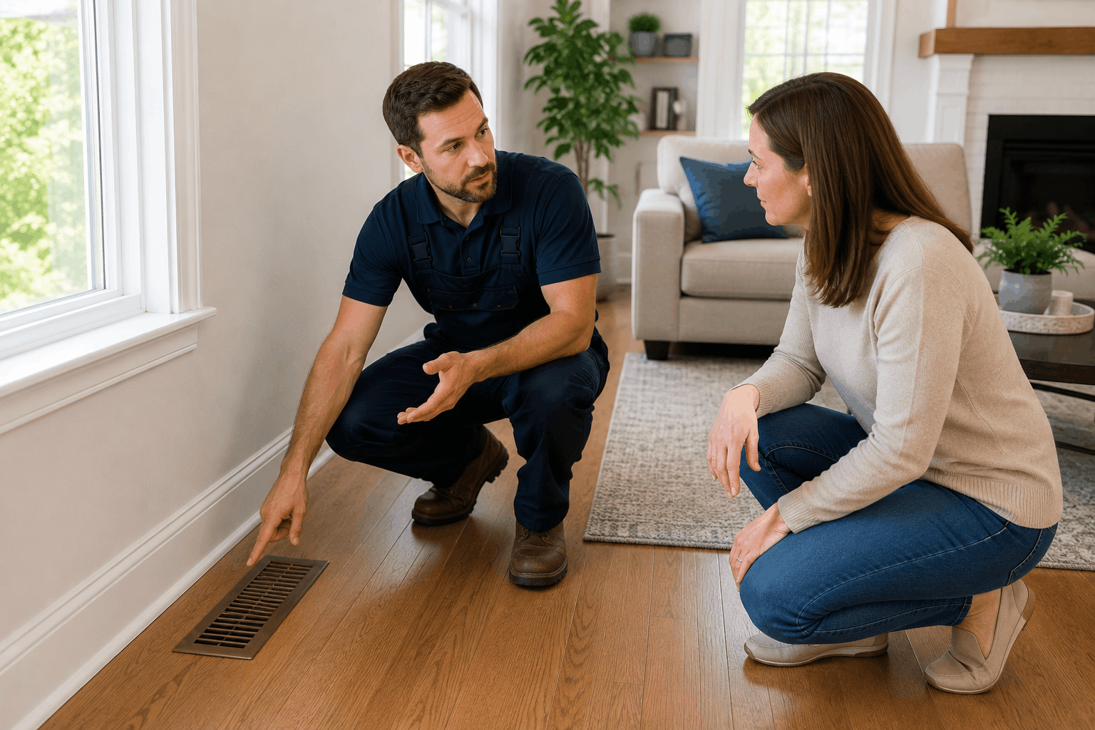 Technician inspecting air vent because closing air vents increase energy costs