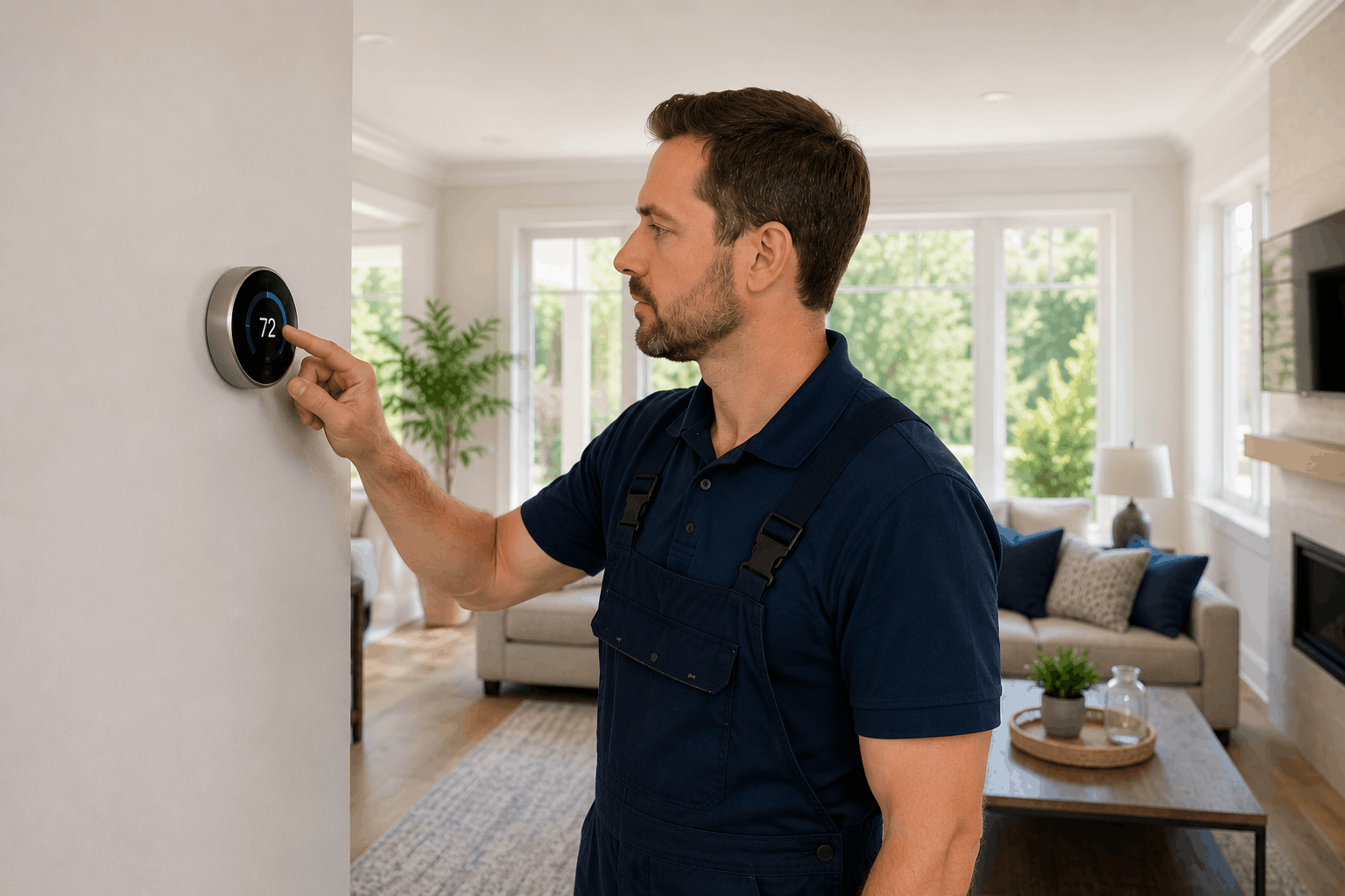 Technician adjusting thermostat for HVAC system starts and stops every few minutes issue