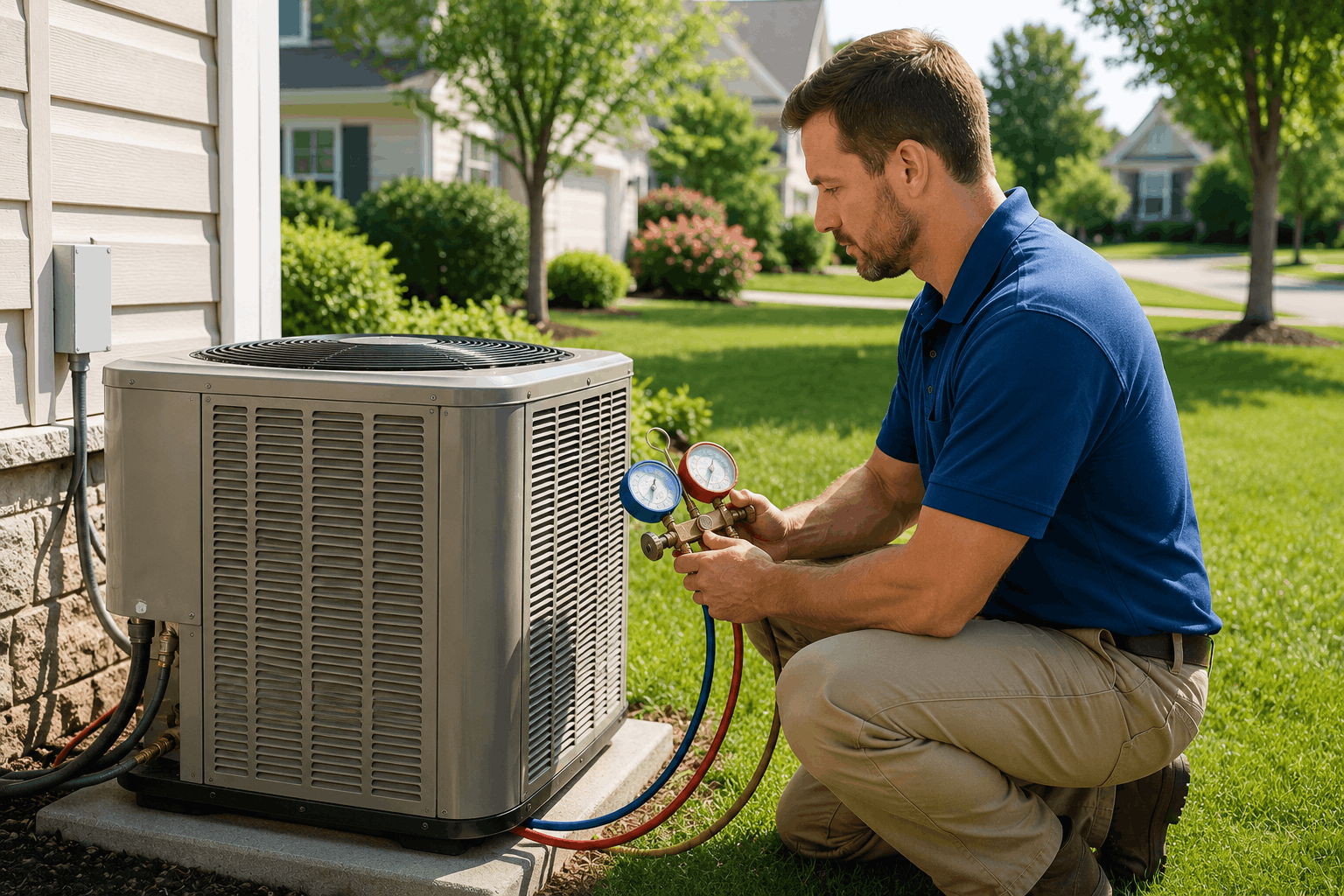 Technician inspecting outdoor AC unit running but house still warm