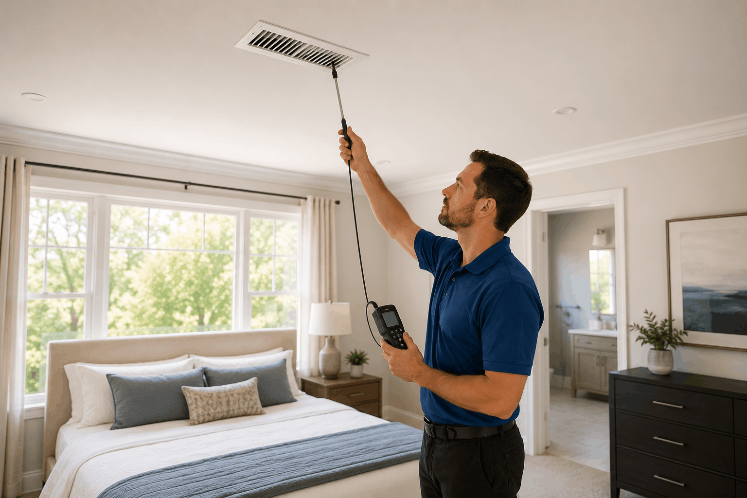 HVAC technician discussing rooms uncomfortable after new HVAC installation