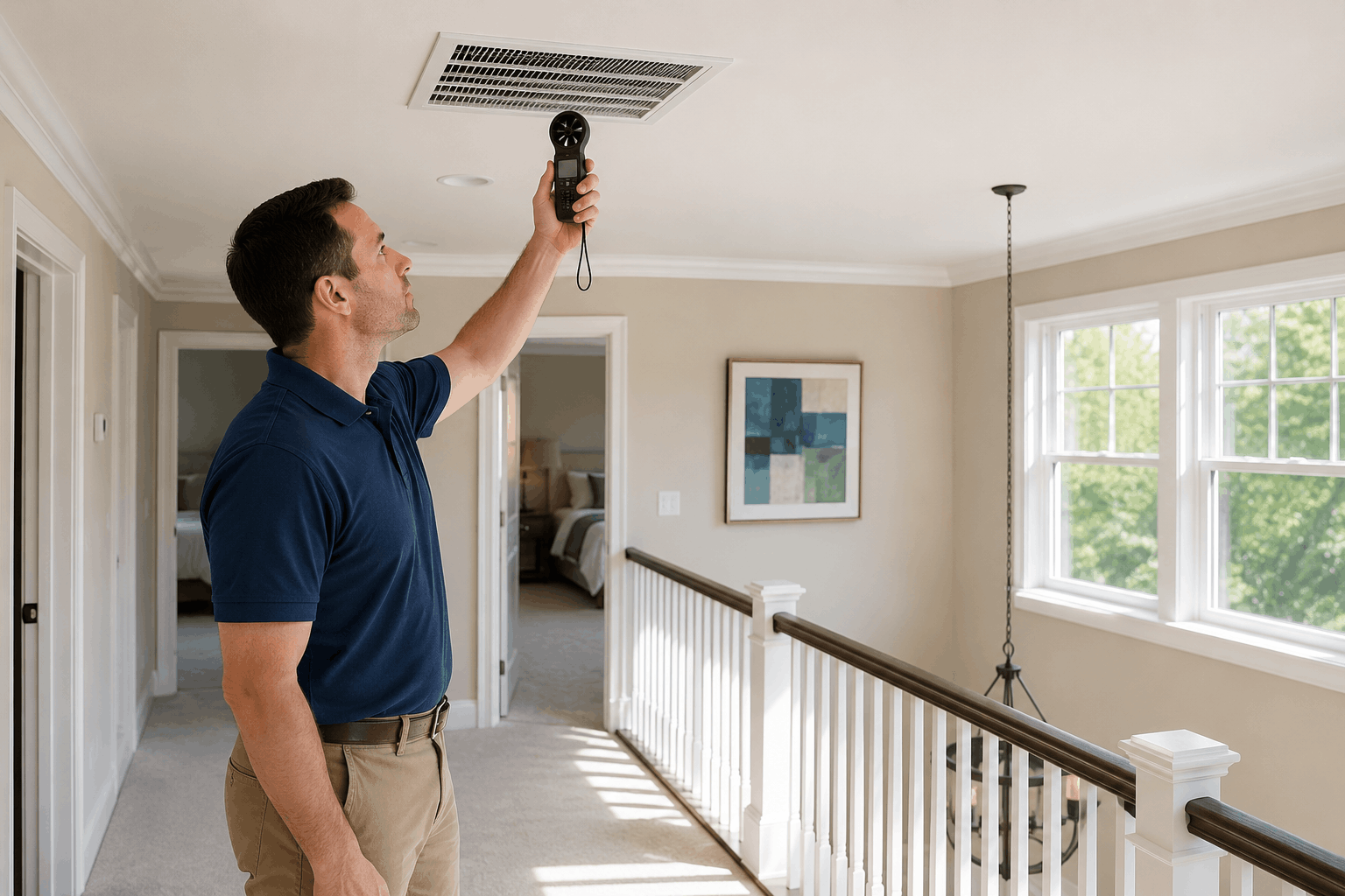 HVAC technician measuring airflow for second floor hotter than first floor problem