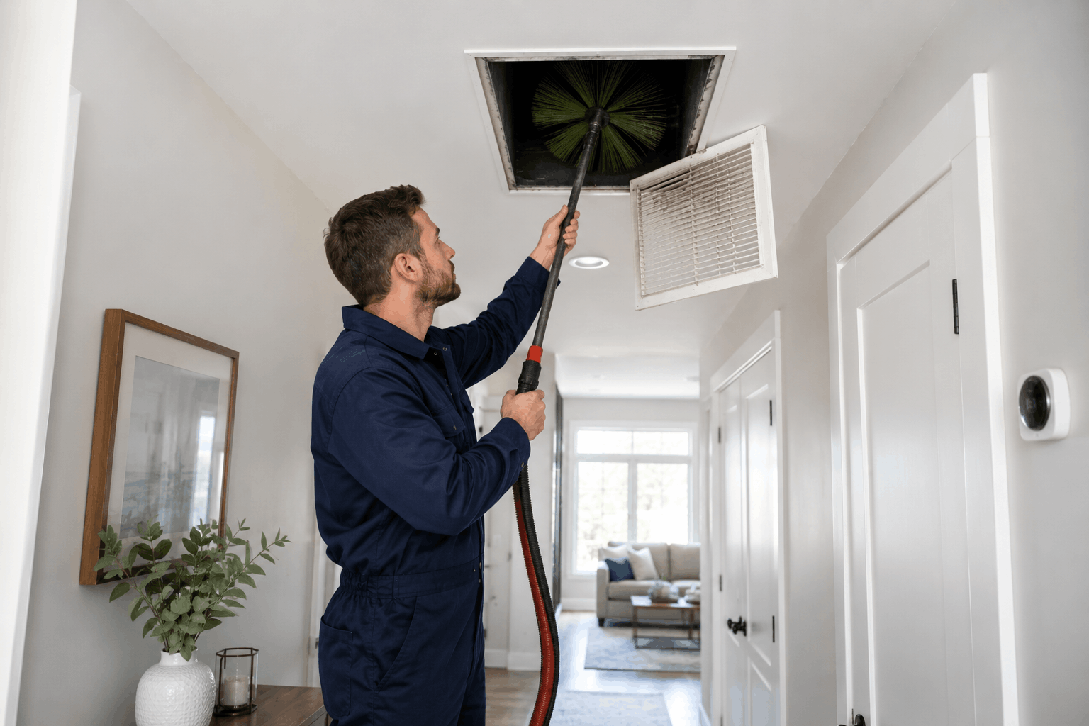 Technician performing professional air duct cleaning