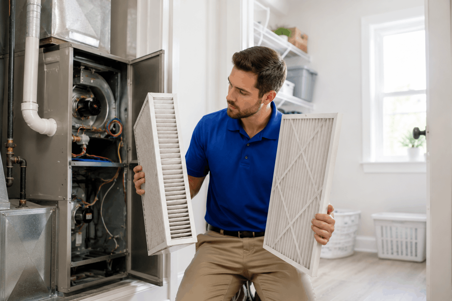 Technician comparing MERV rating for home HVAC filter