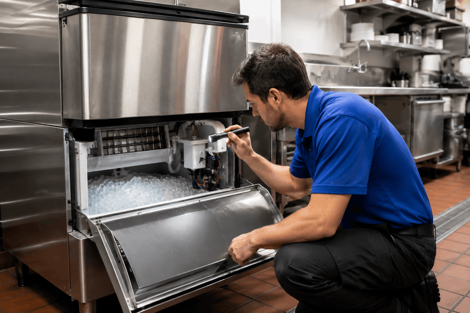Technician inspecting commercial ice machine not making enough ice