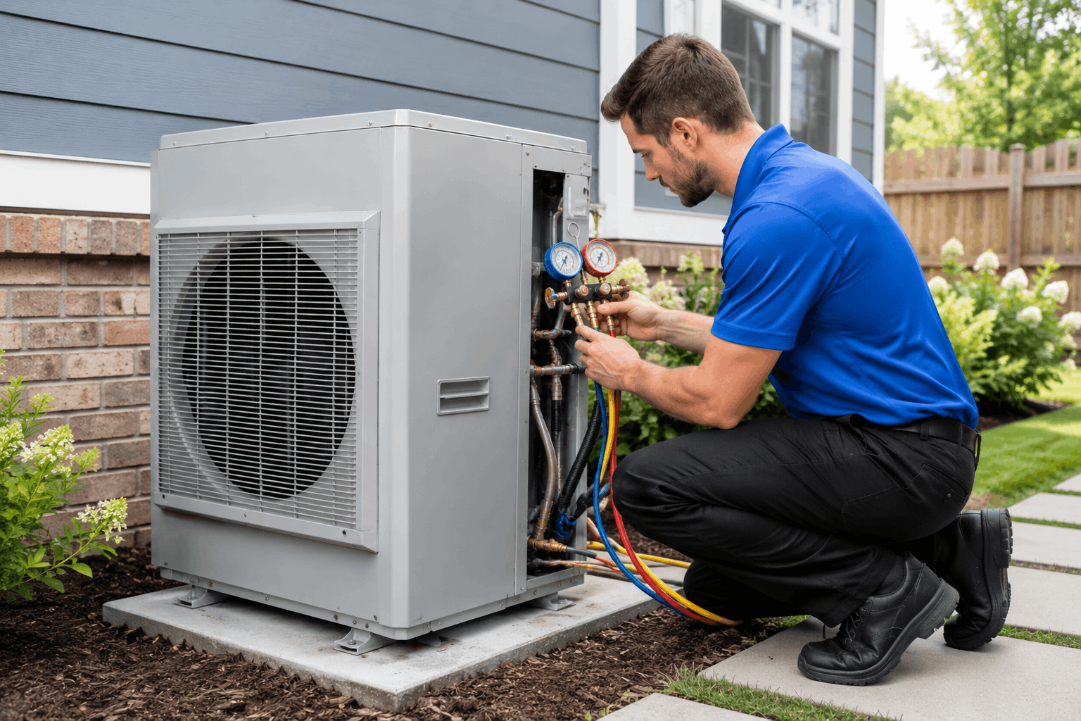 Technician repairing heat pump not switching to heating mode