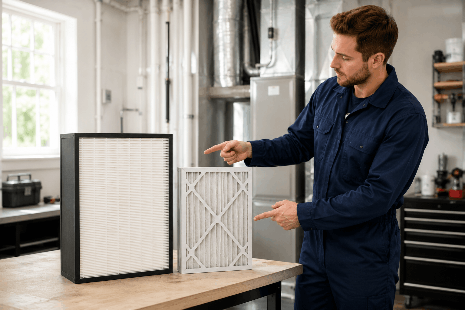 Technician comparing HEPA filter vs MERV filter HVAC systems