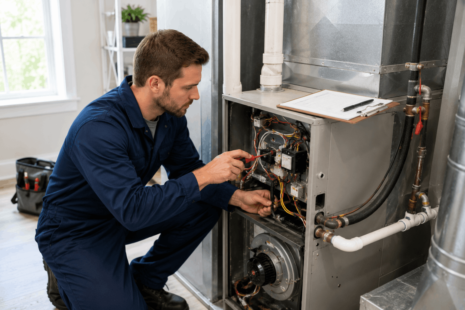 HVAC technician performing HVAC tune up vs maintenance plan service