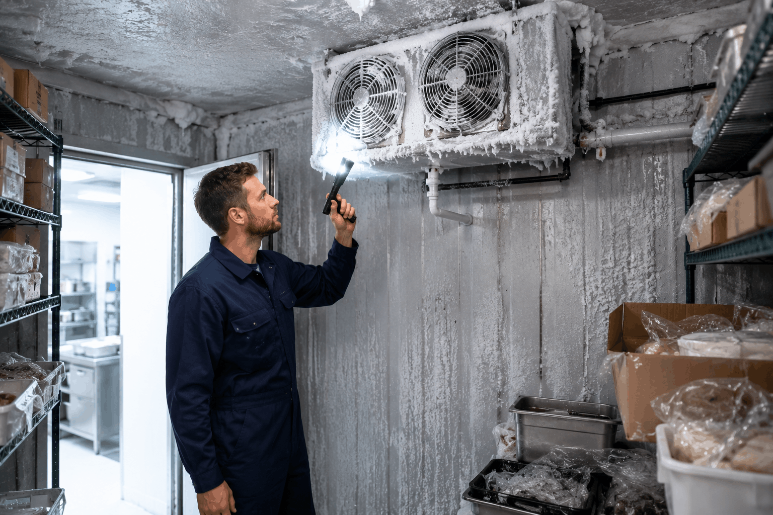 Technician inspecting walk in freezer ice buildup