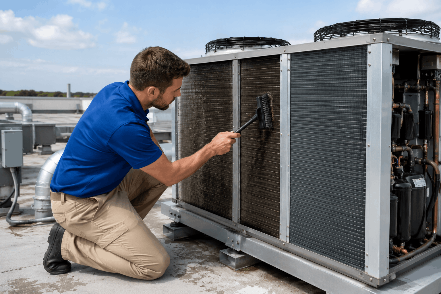 Technician performing commercial refrigerator maintenance