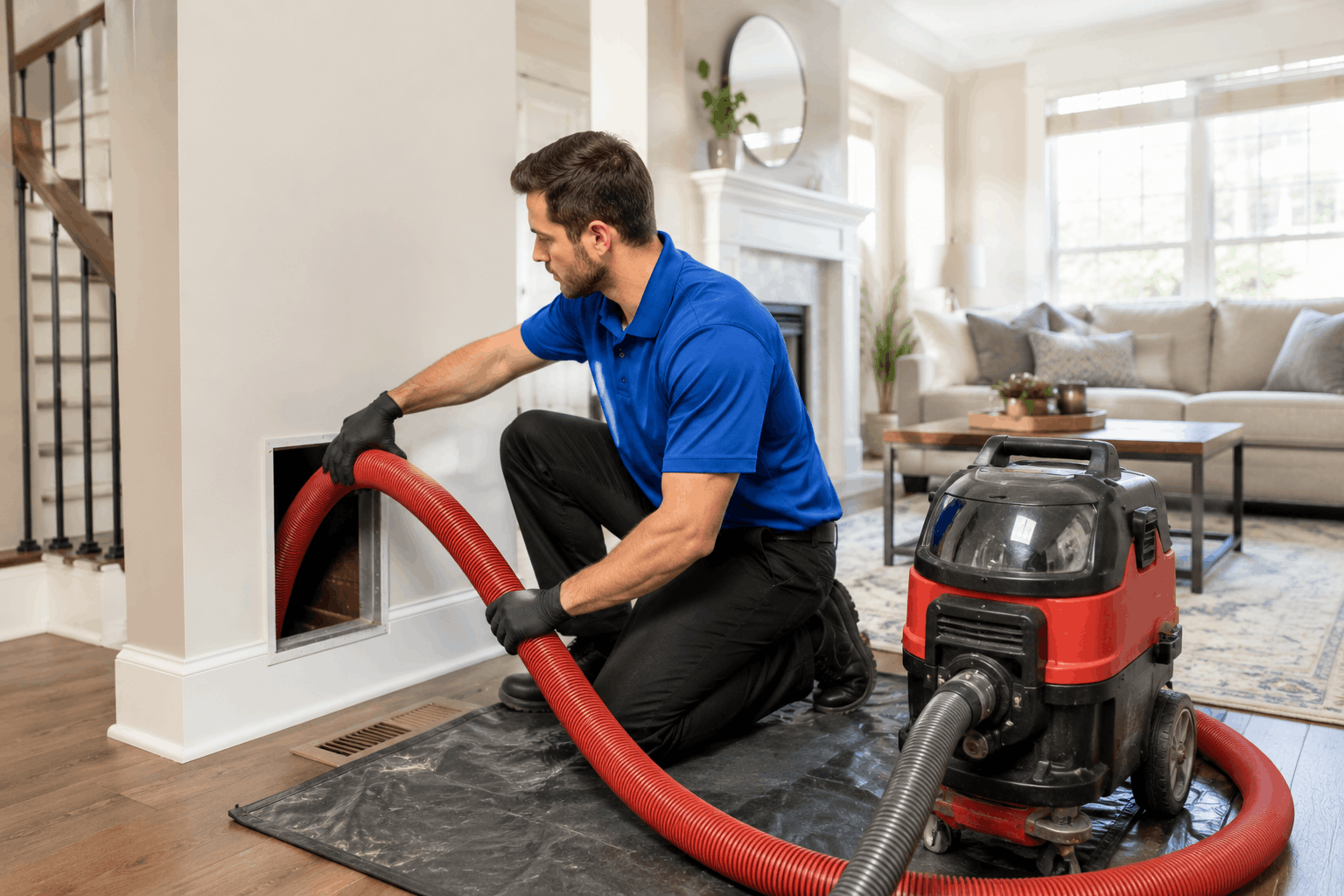 Technician showing what happens during air duct cleaning