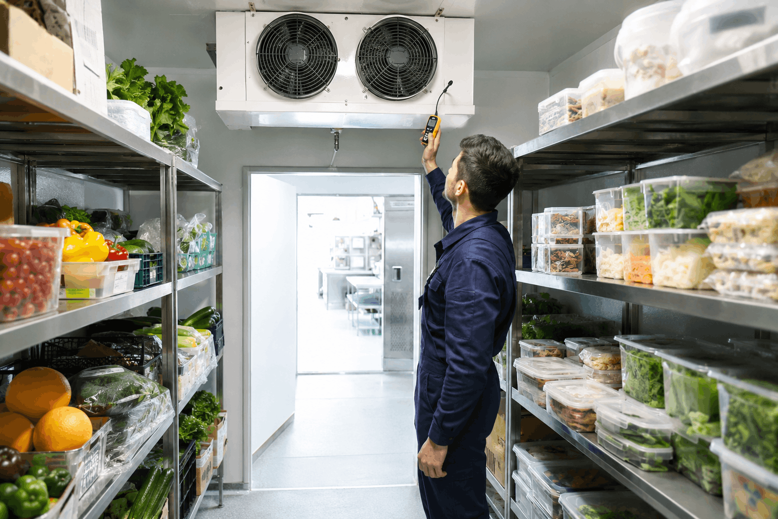 Technician inspecting walk in cooler temperature problems during business hours
