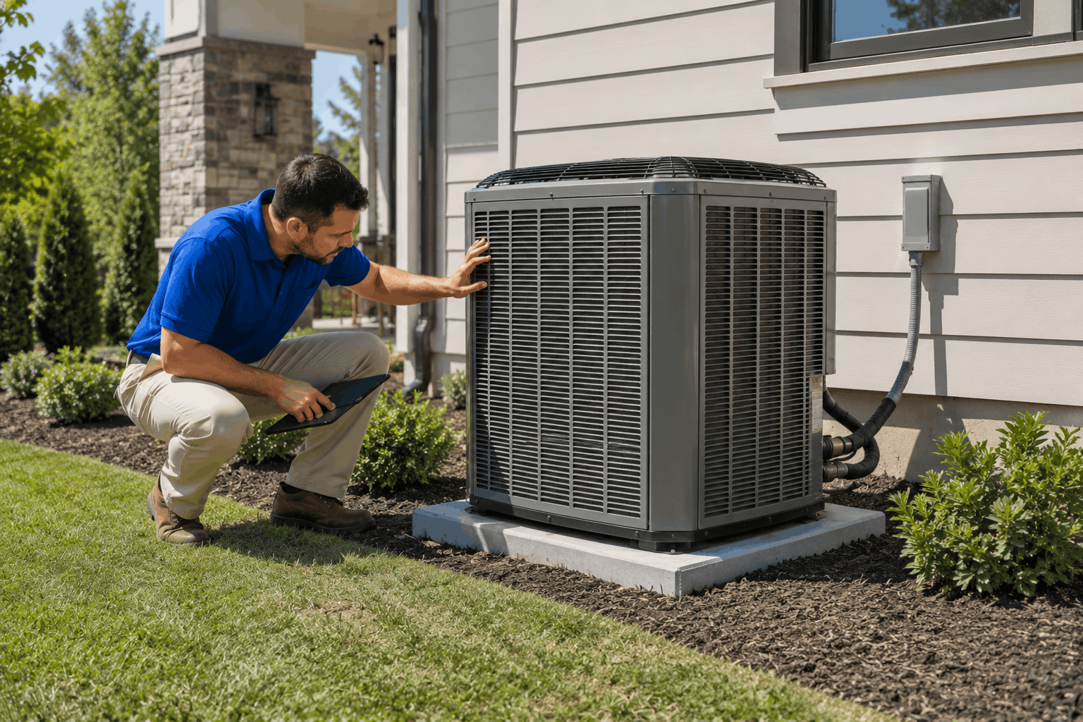 Technician inspecting a Carrier HVAC system for a home