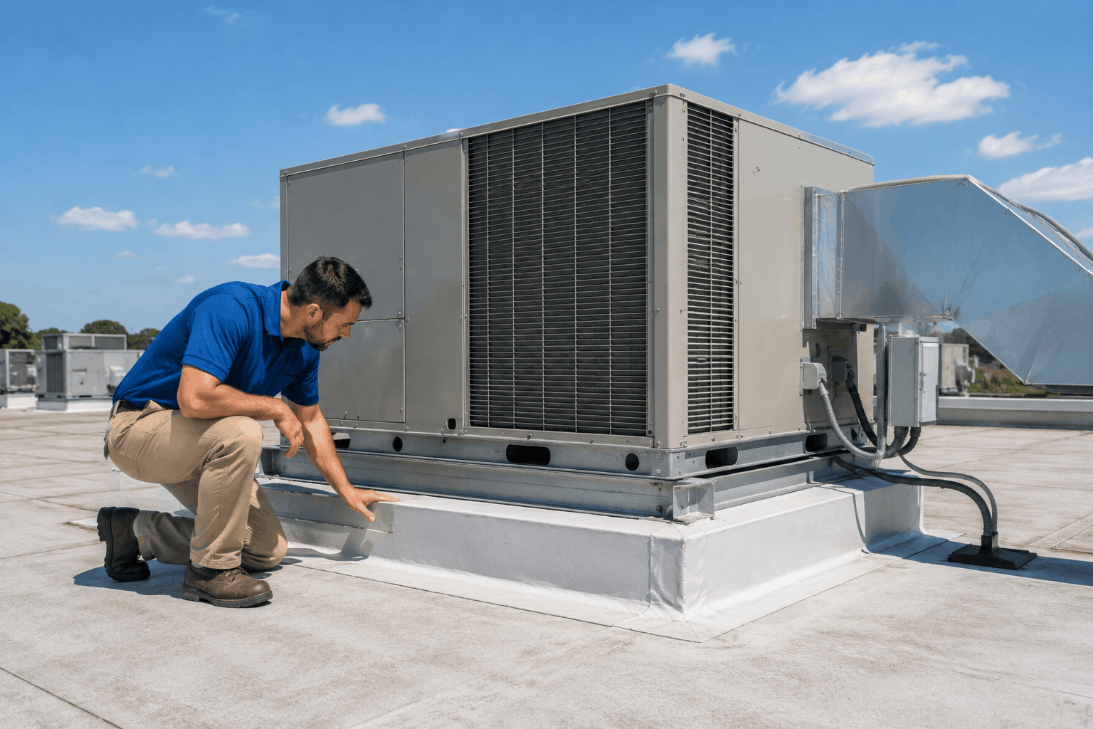 Technician preparing for commercial HVAC installation