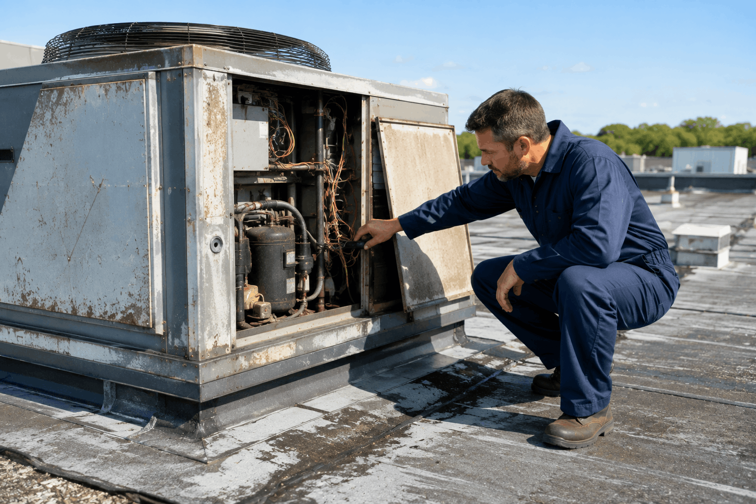 Technician evaluating commercial HVAC repair or replacement