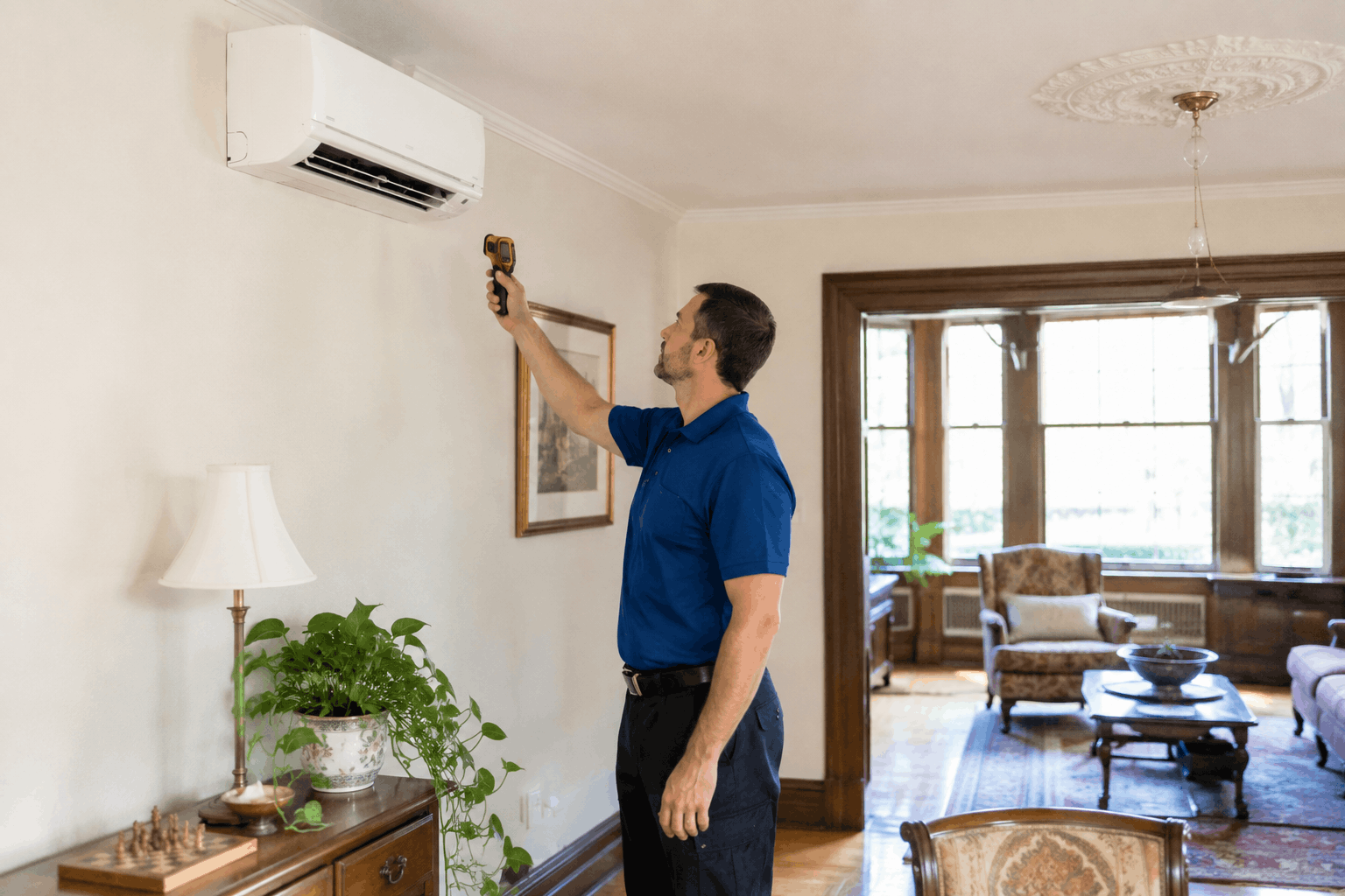 Technician checking ductless heating for an older home
