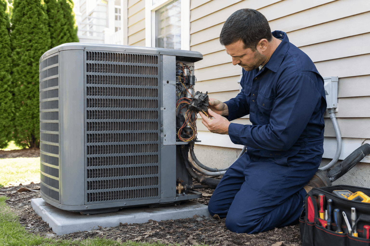 Technician inspecting an AC unit for emergency repair problems
