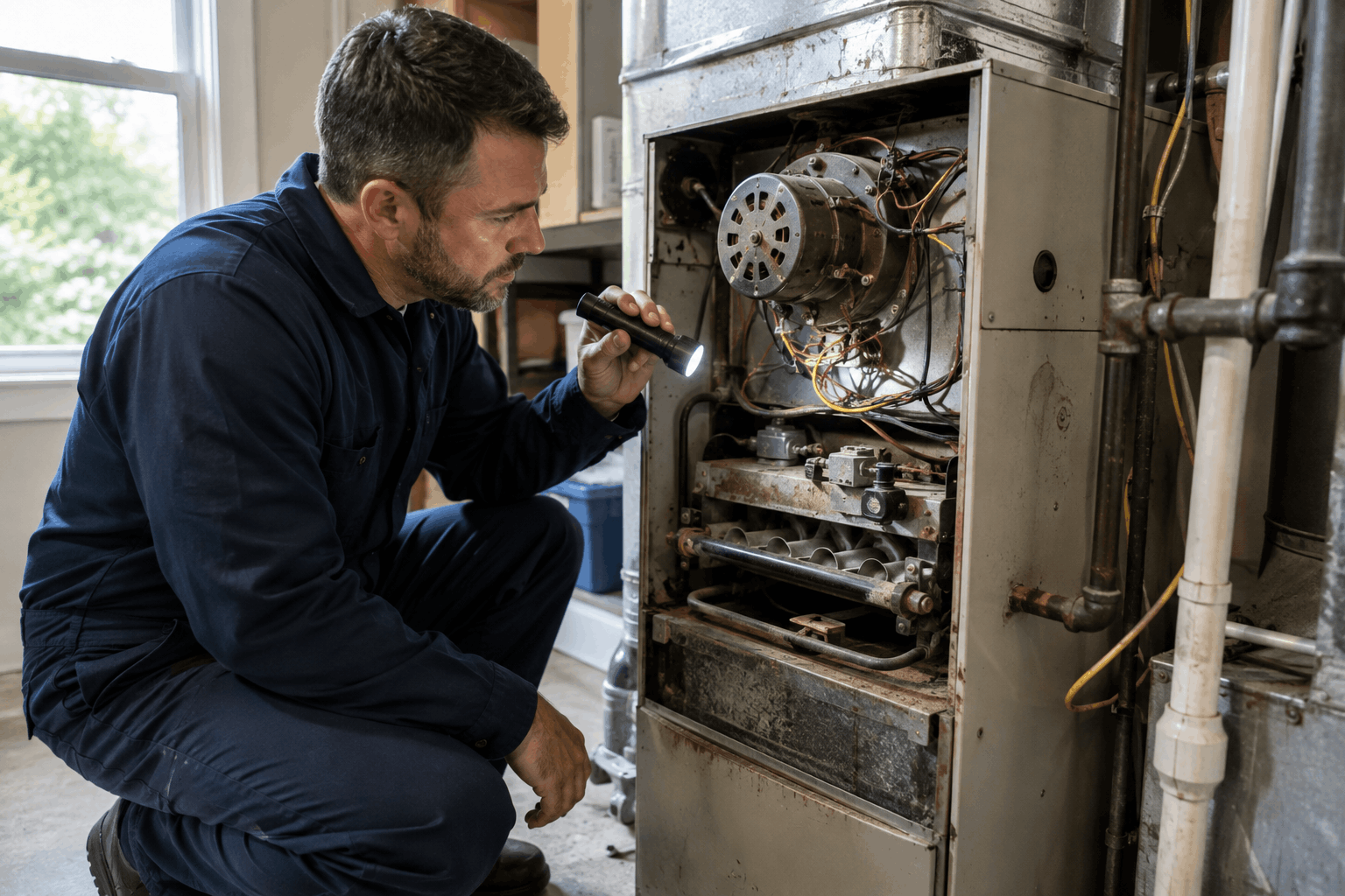 Technician inspecting signs a furnace needs replacement