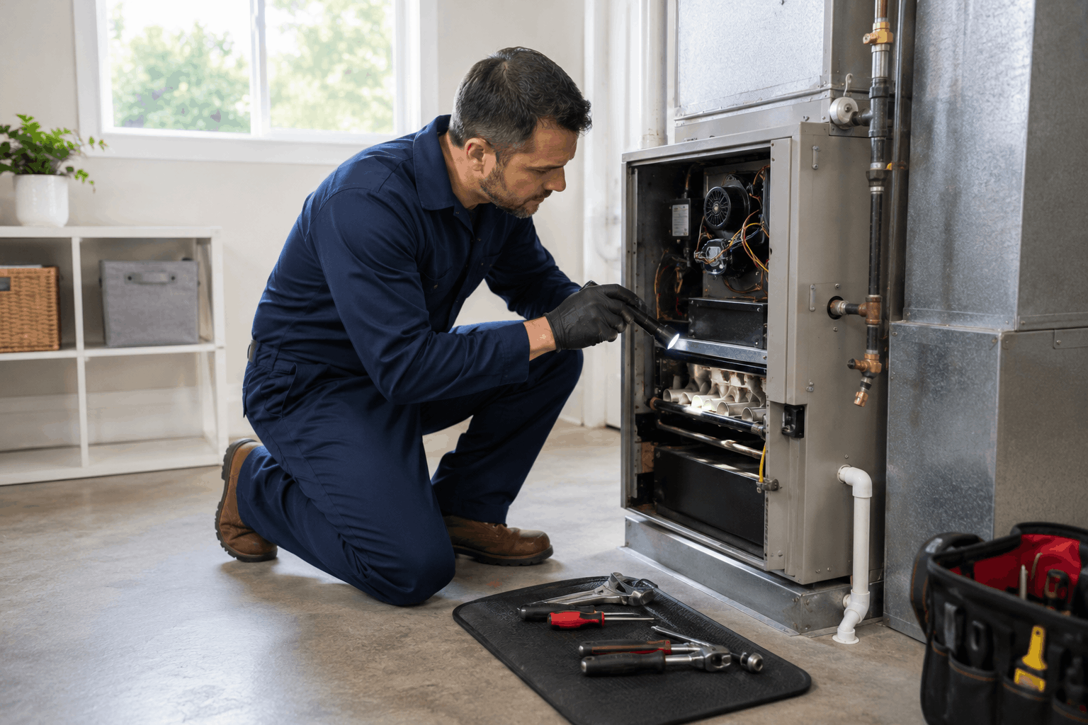 Technician performing a furnace tune-up inspection