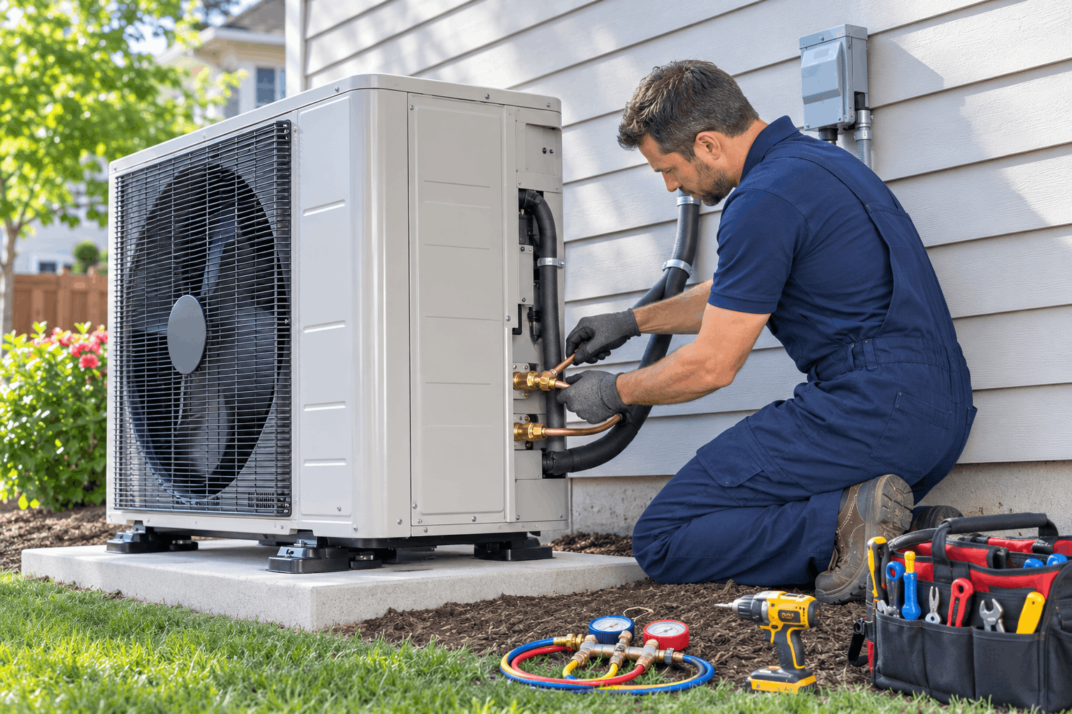 Technician completing a heat pump installation