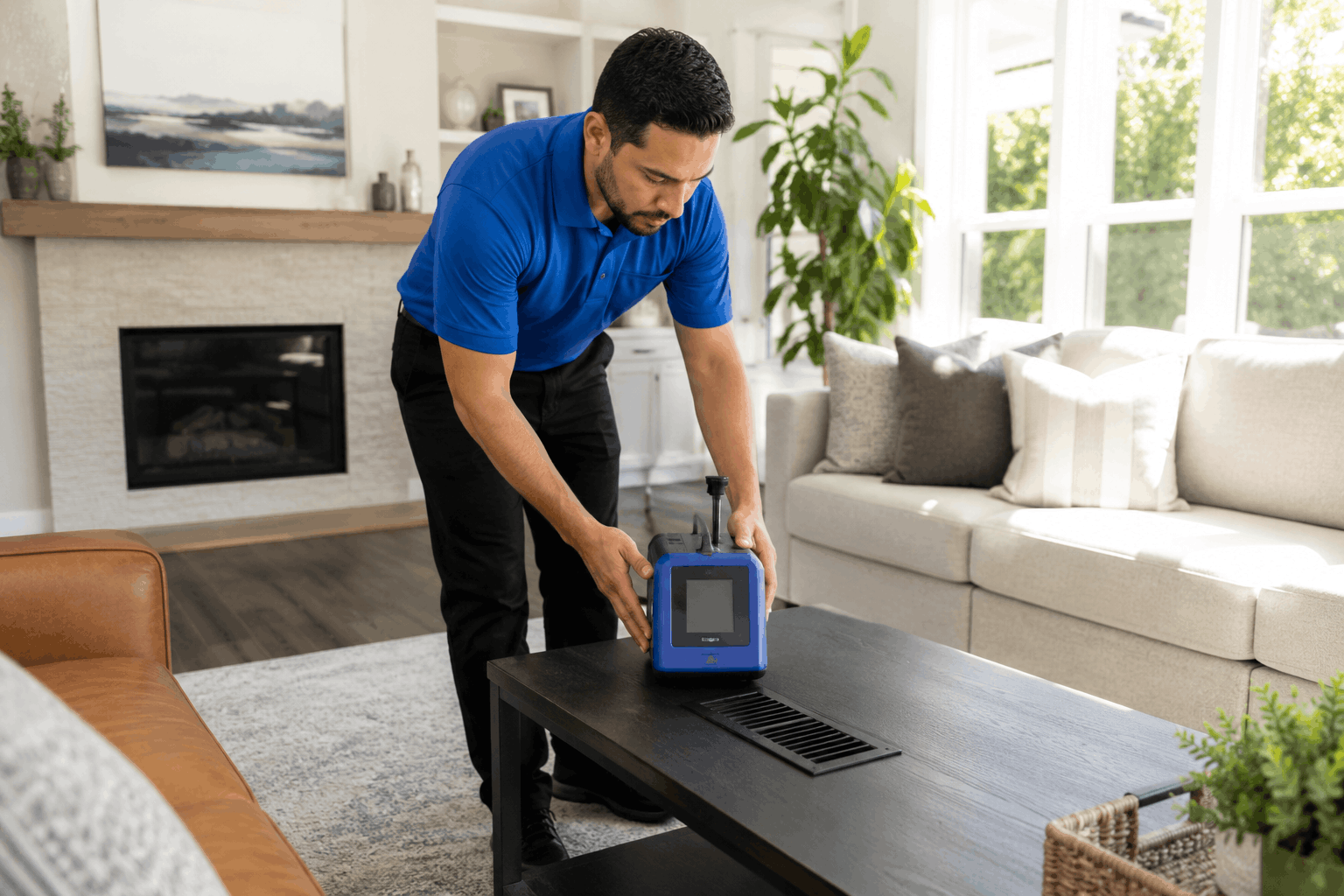Technician testing indoor air quality in a home