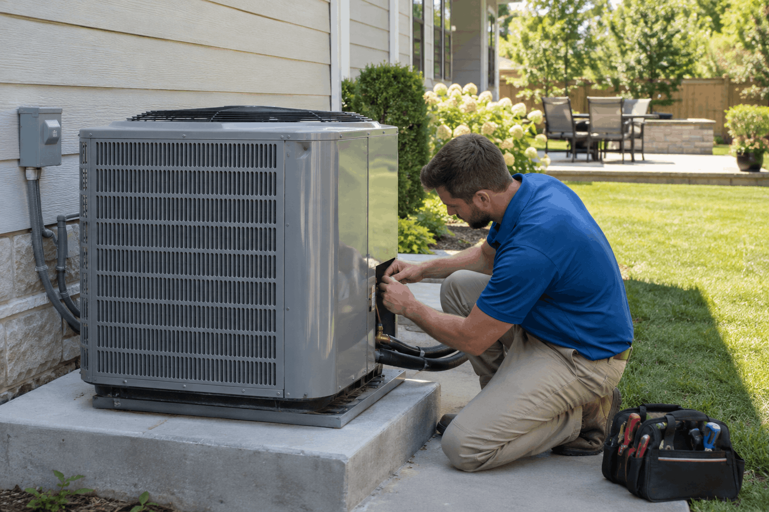 Technician performing AC installation service on an outdoor residential HVAC unit.