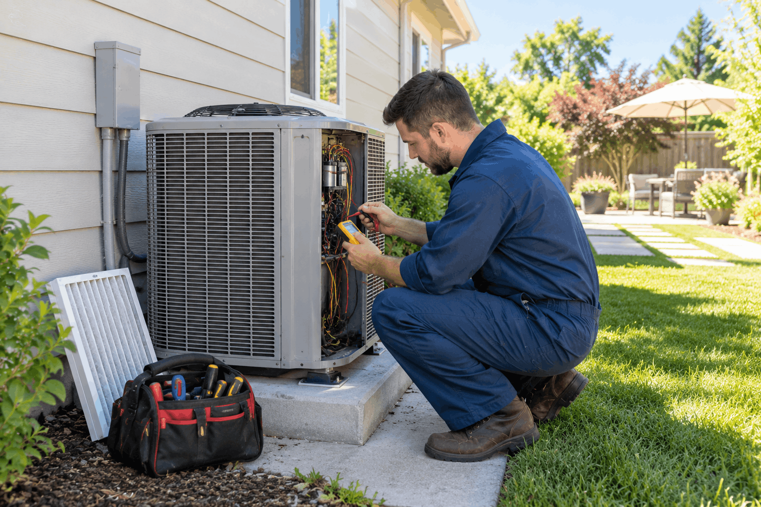 Technician performing AC maintenance before summer on an outdoor cooling system.