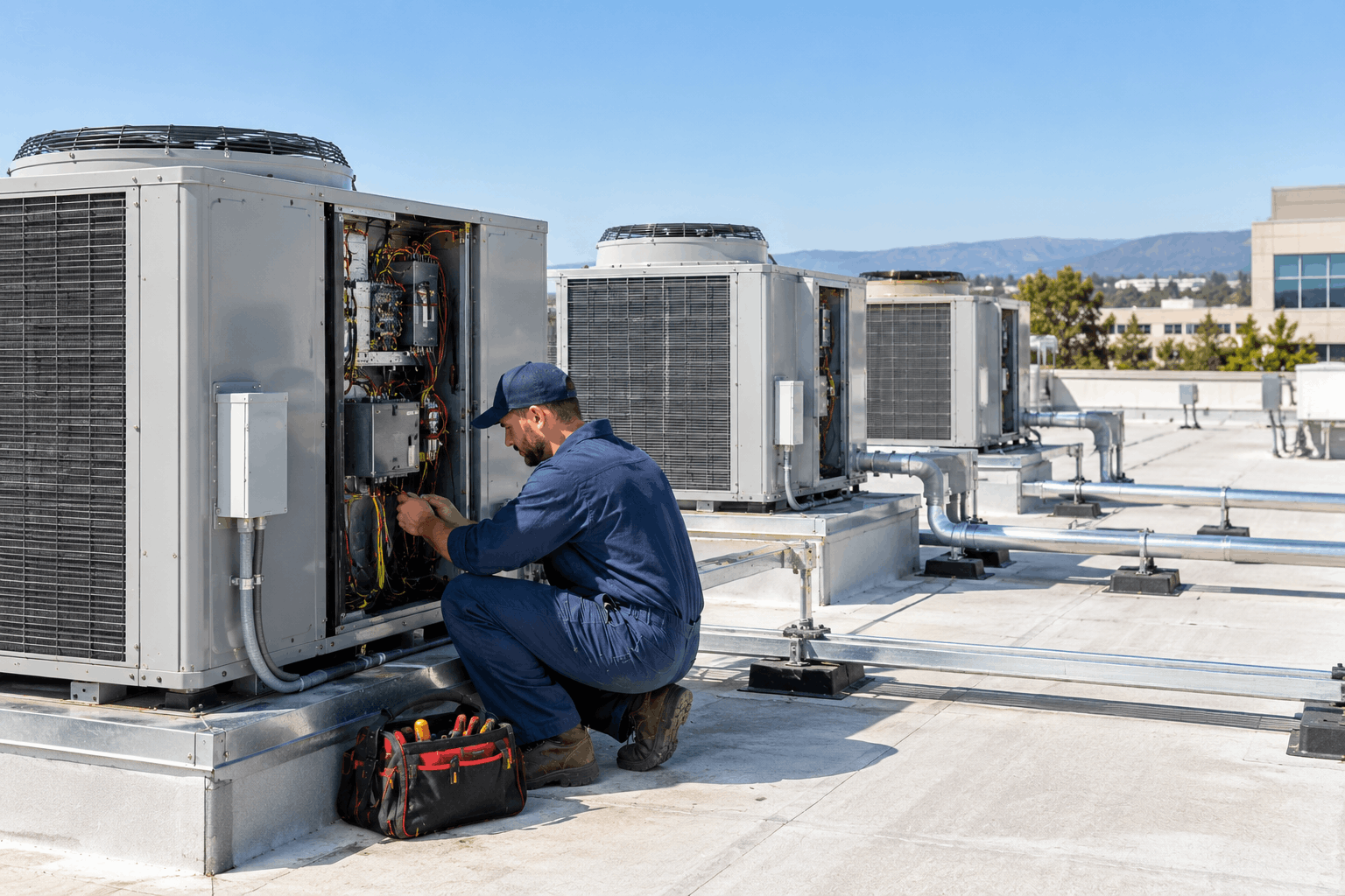 Technician servicing rooftop equipment under a commercial HVAC maintenance contract.