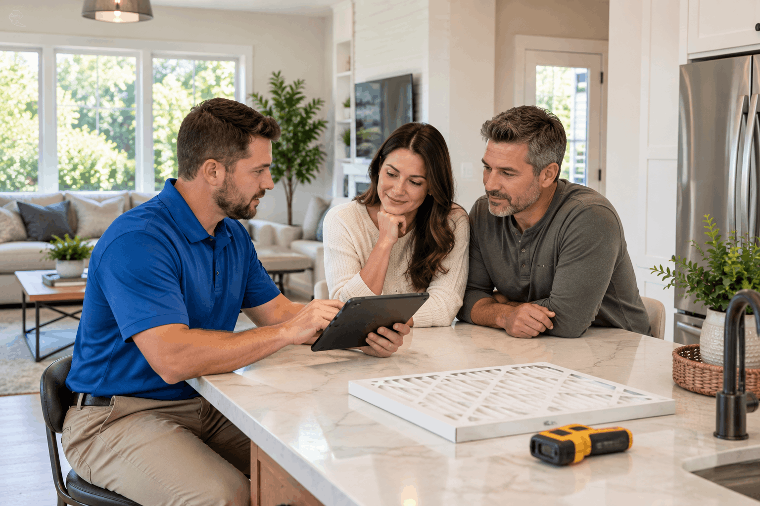 HVAC technician discussing an HVAC maintenance plan with homeowners.