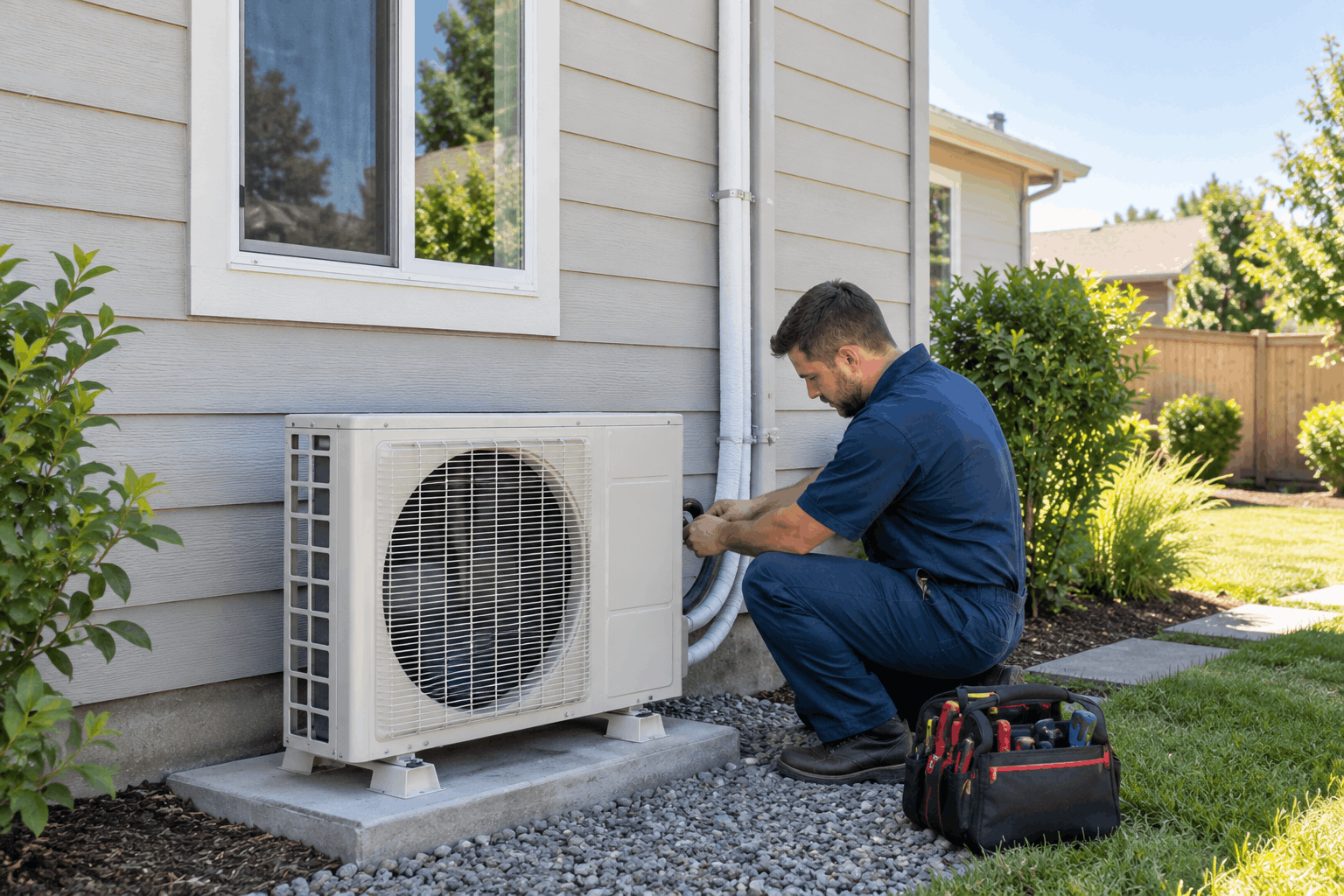 Technician completing mini-split installation on an outdoor ductless HVAC unit.