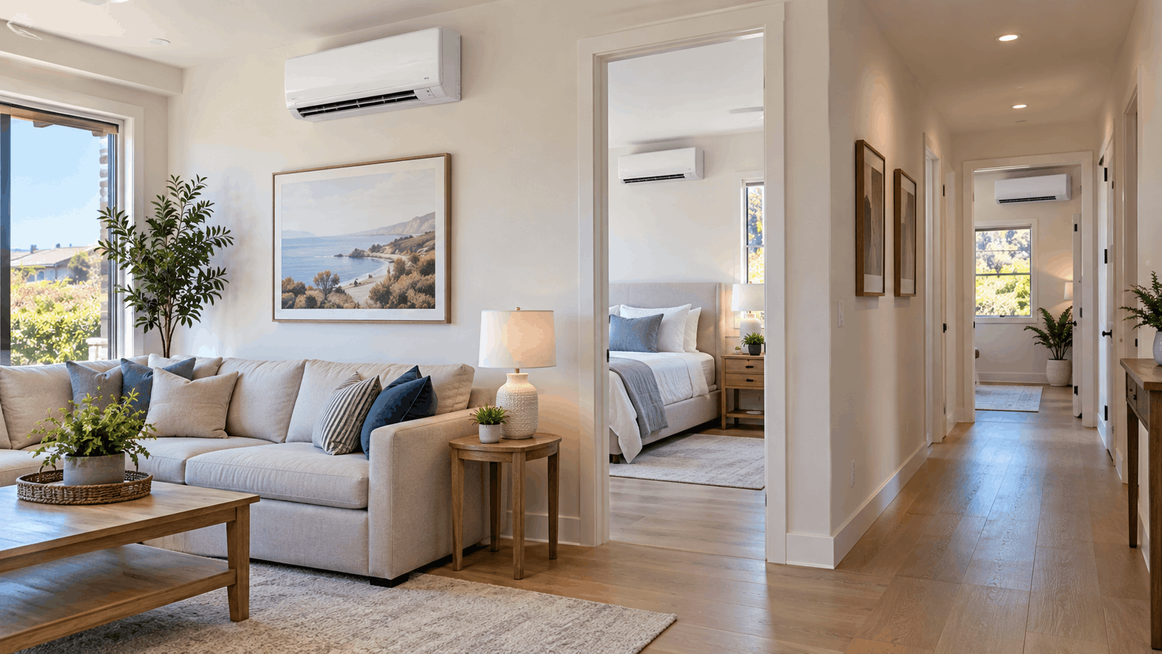 Multi-room home with multiple ductless mini-splits for zoned heating and cooling.