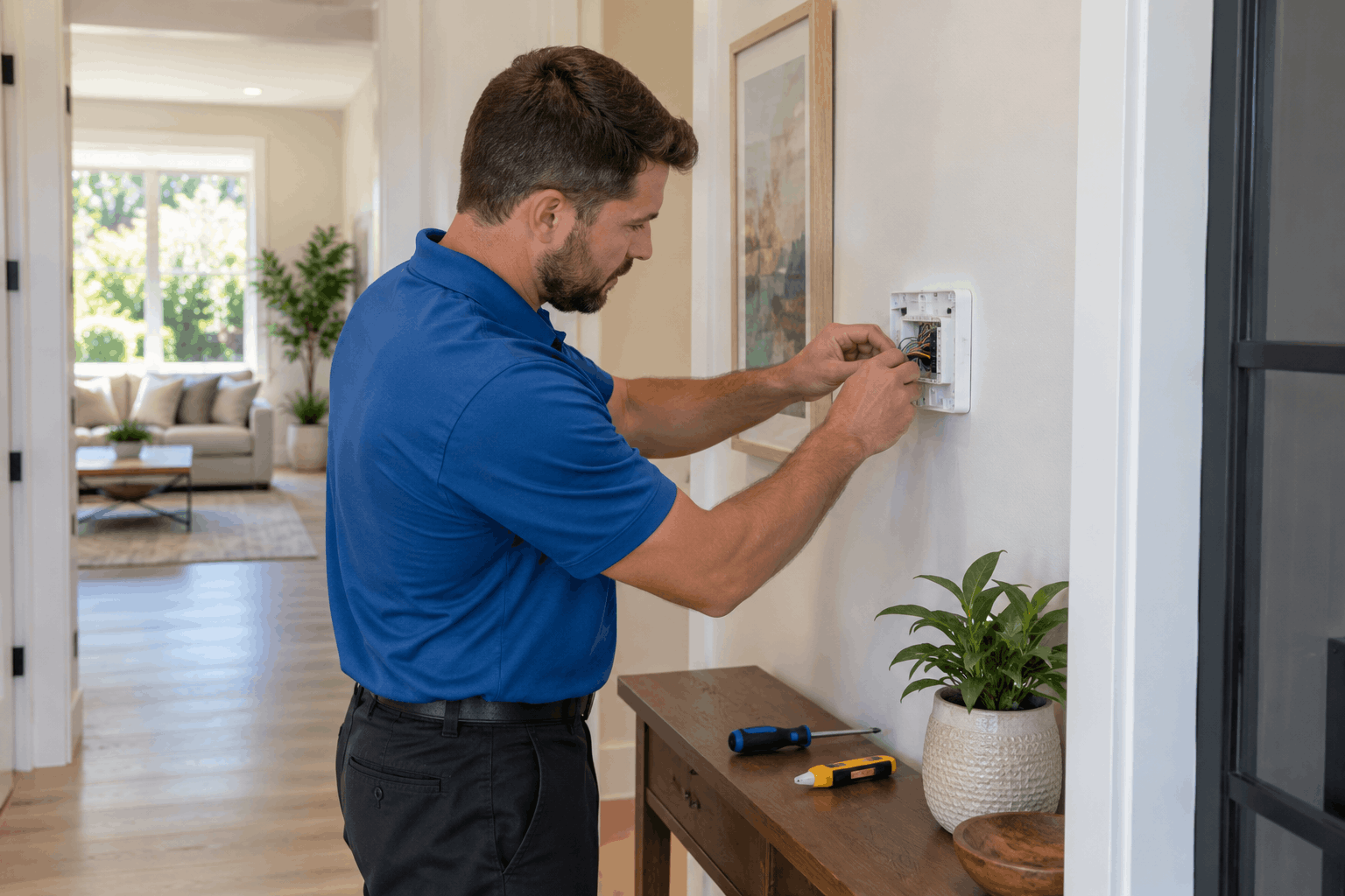 Professional smart thermostat installation by an HVAC technician in a residential home.