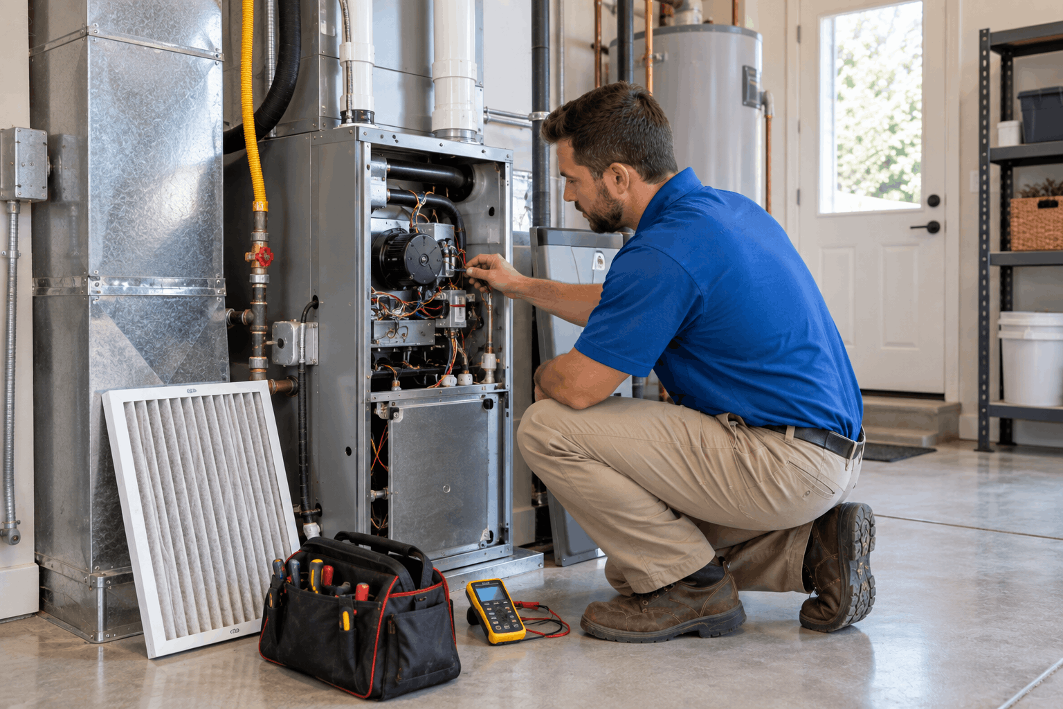 Technician performing service included in a residential HVAC maintenance plan.