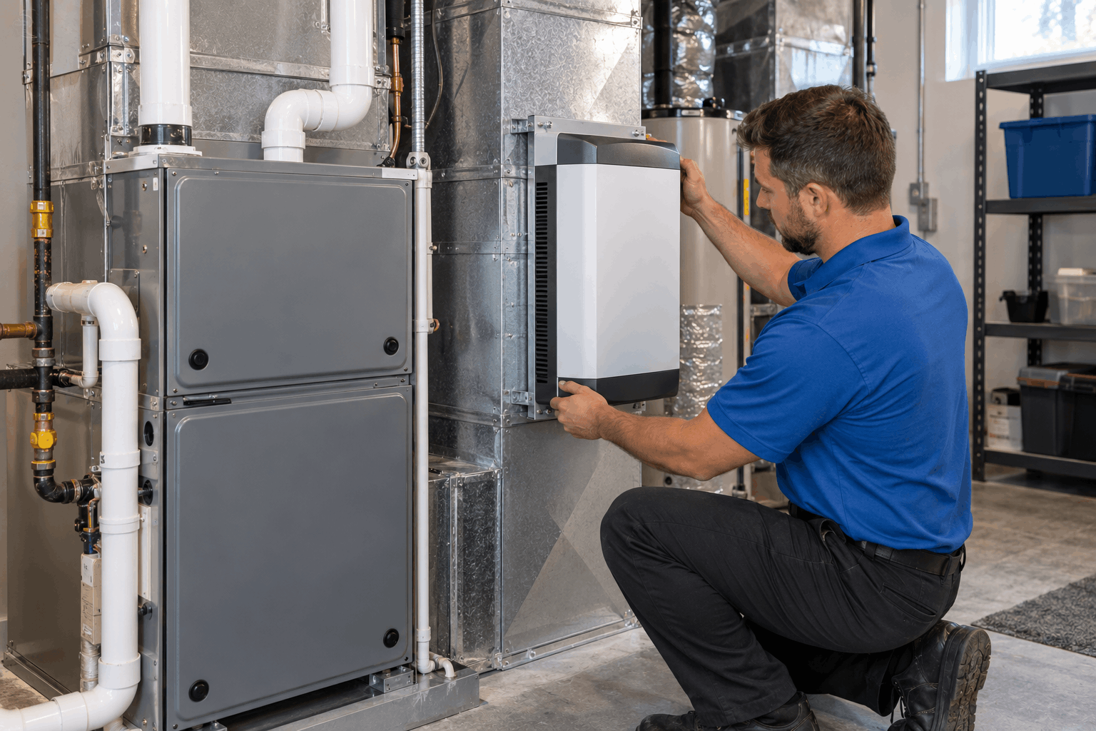 Whole-home air purifier installation integrated with an existing residential HVAC system.